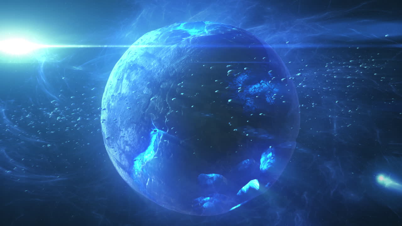 A planet in space surrounded by asteroids