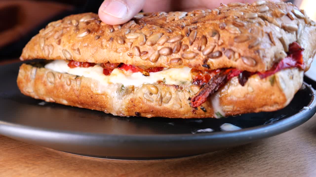 Hand holding a delicious panini on a plate
