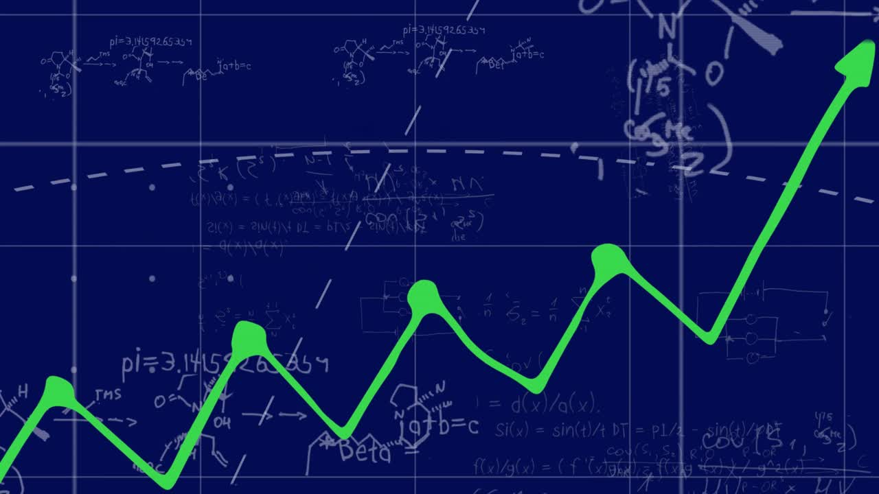 animación del procesamiento de datos financieros sobre ecuaciones matemáticas en fondo negro.