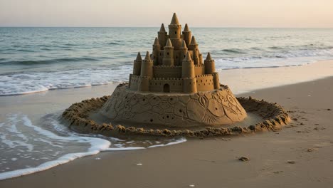 stunning sand castle by the shore: a majestic fortress constructed from beach sand, perfectly sculpted with towers, moat, and intricate details, reflects golden sunset light
