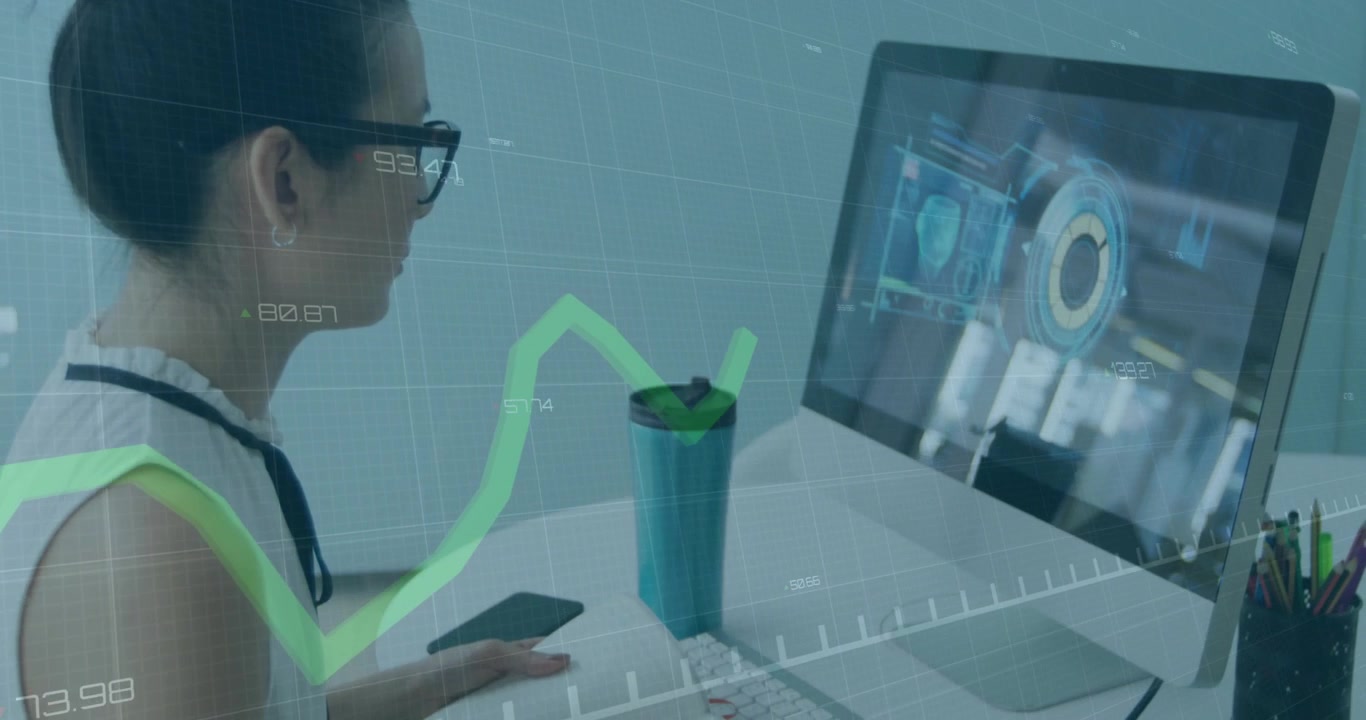 Vertical video: Designer woman seeing HUD green graph appearing leaning touching phone noting data