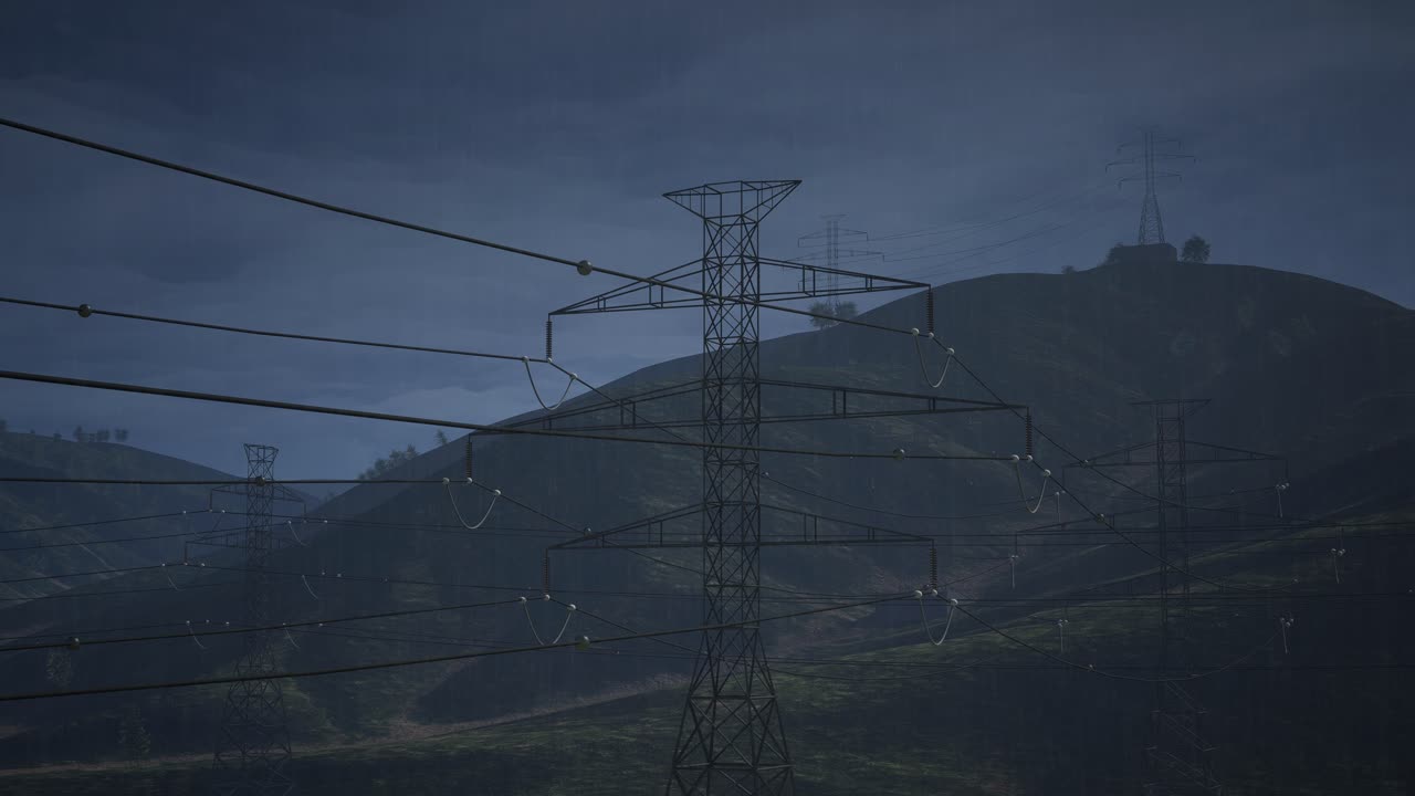 Power Lines Over Mountainous Landscape at Night