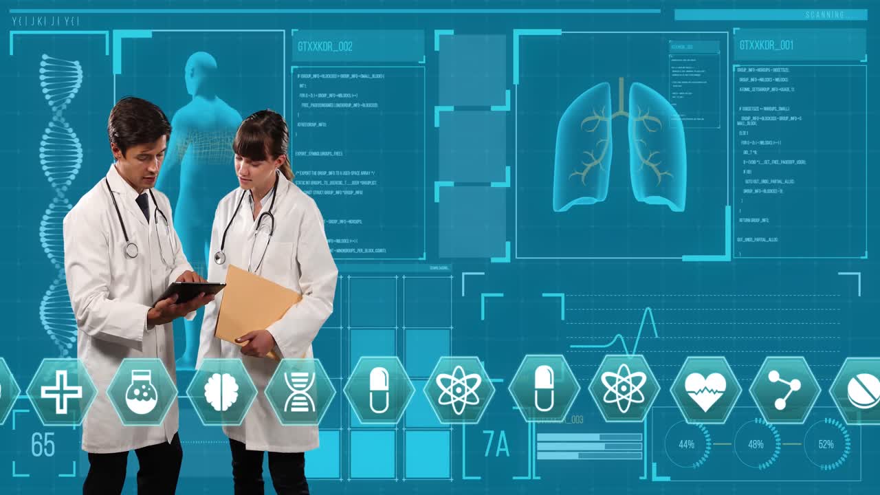 Caucasian male and female doctor taking to each other against medical data processing