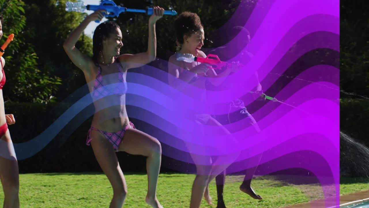 People playing with water guns in garden with colorful wave animation overlay