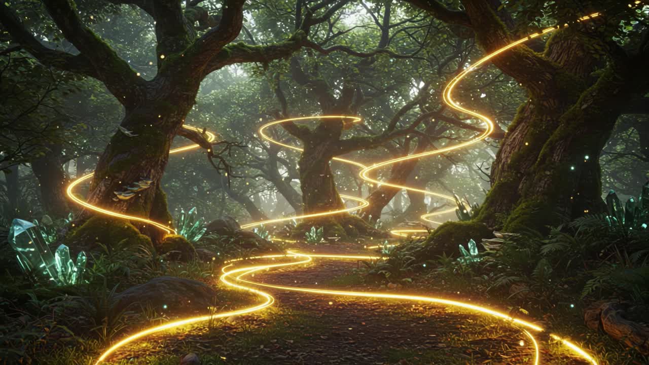 Mesmerizing Enchanted Forest: A Glowing Path Through Mystical Trees and Luminous Crystals in a Dreamlike Landscape