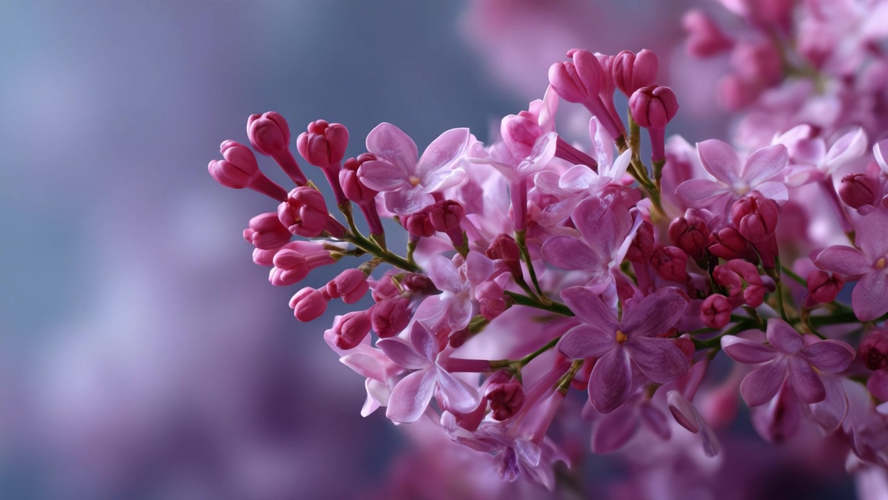 Een close-up van prachtige lila bloesems die hun delicate roze bloemblaadjes en knoppen tonen, de essentie van lente en frisheid vastleggend in de bloemenpracht van de natuur