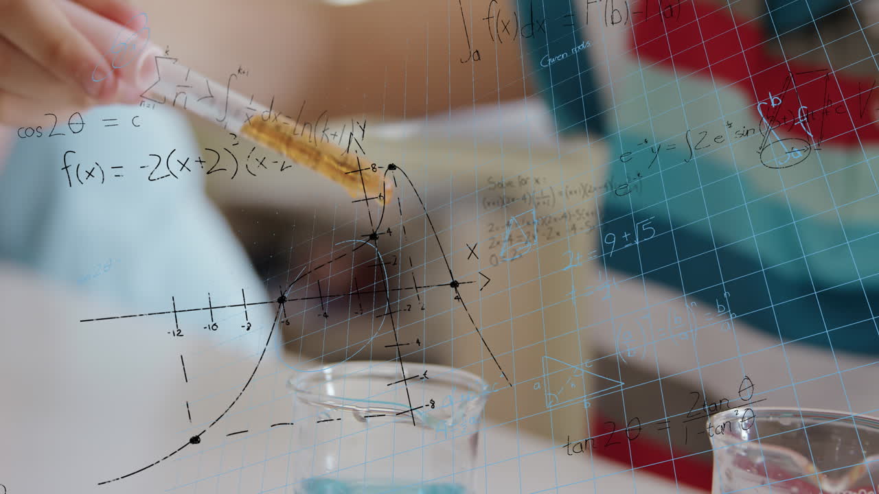 실험실에서 실험을 수행하는 소년의 중간 섹션에 대한 수학 방정식의 애니메이션