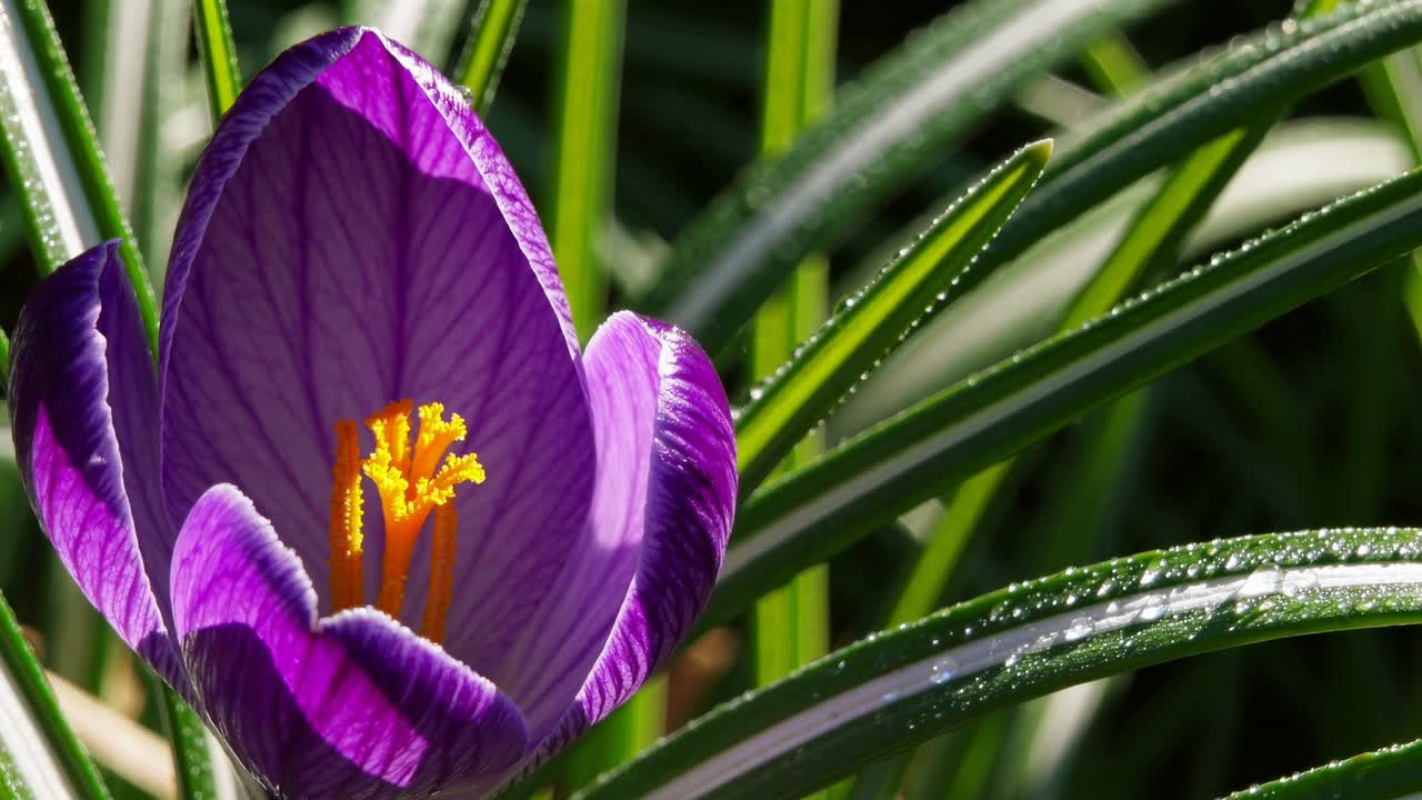 Close-up video angle of a purple crocus flower with dew-covered leaves, highlighting natural beauty