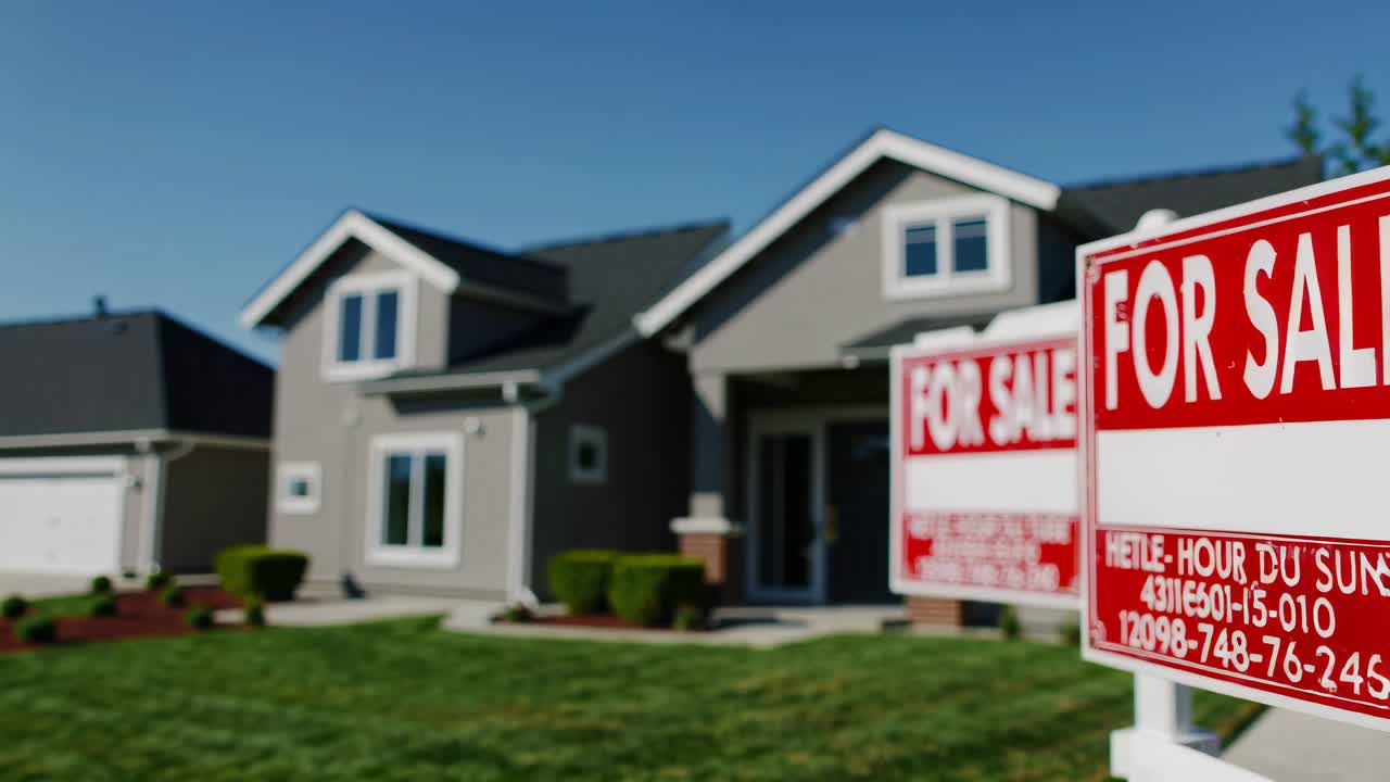 A real estate video still shows a suburban house for sale. The low-angle shot highlights the 'For