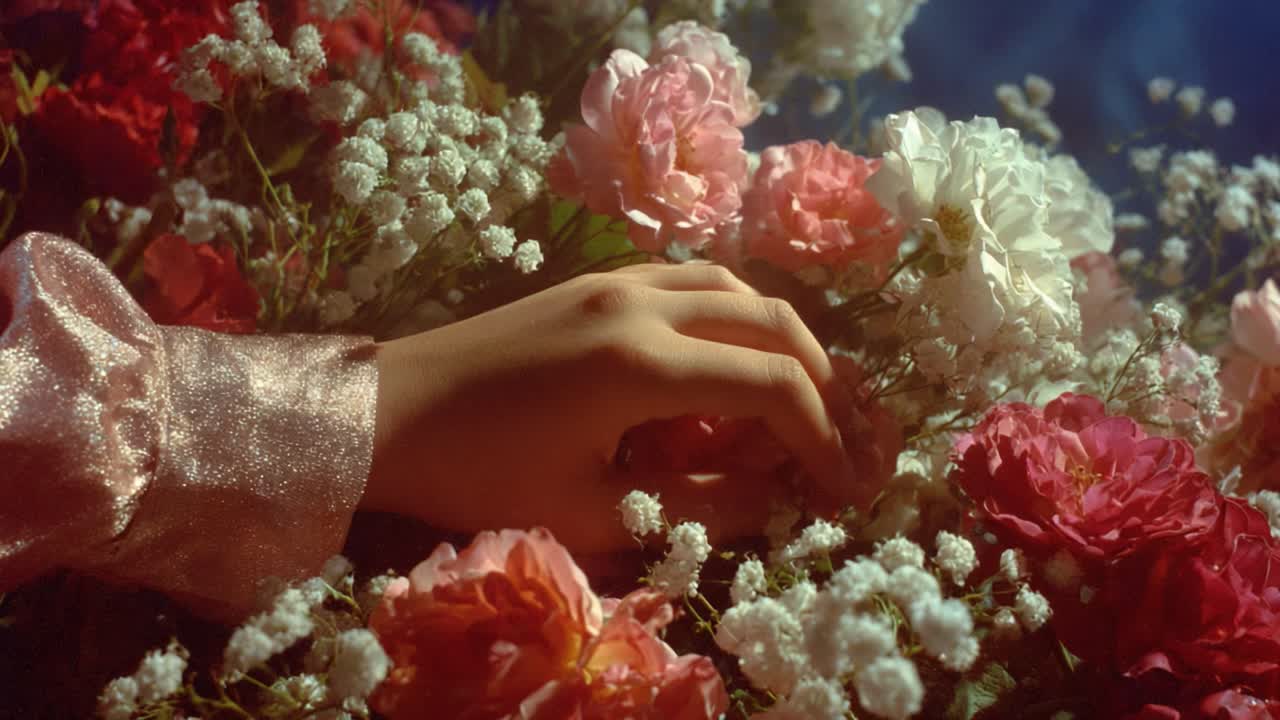 An Enchanting Display of Nature: Captivating Floral Arrangement Featuring a Delicate Hand Gracefully Engaging with Vivid Blossoms and Gentle Textures in a Dreamy Setting