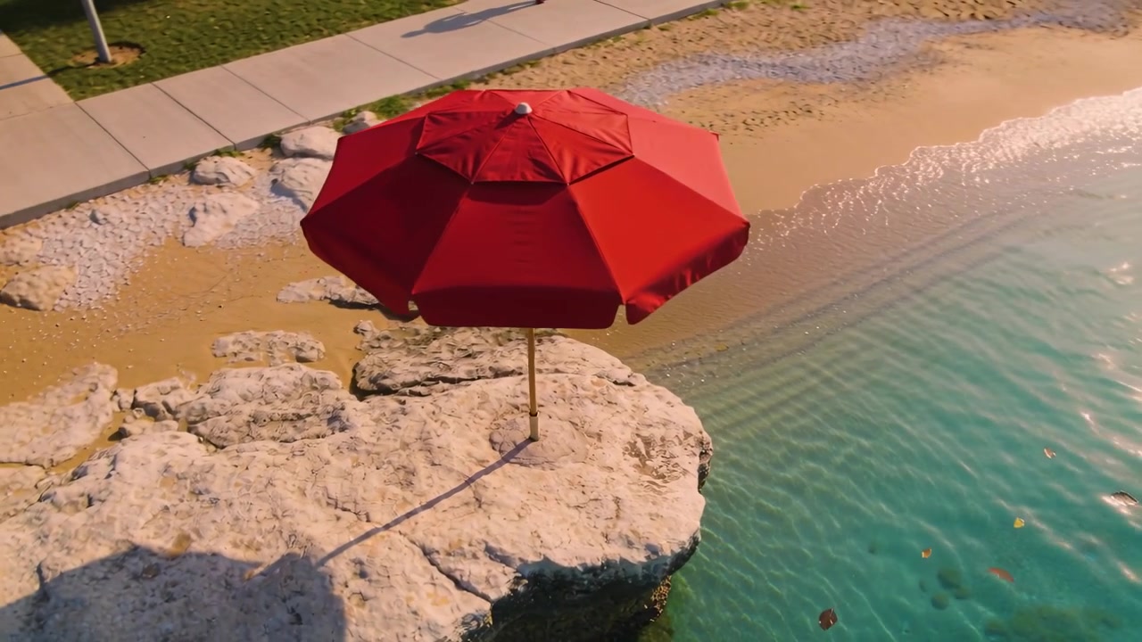 Drone in avvicinamento rivela un ombrellone rosso su roccia calcarea sulla riva del parco, centrando il soggetto.