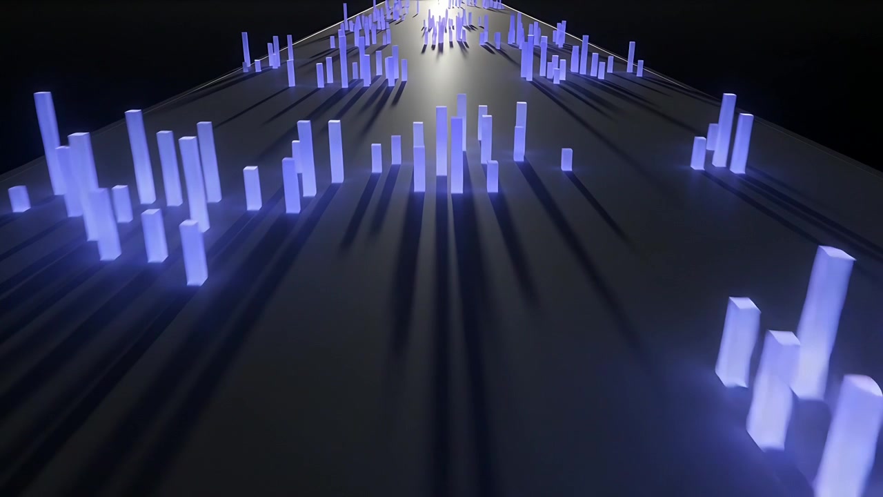 Moving camera gliding down floor in studio revealing glowing pillars white light long shadows