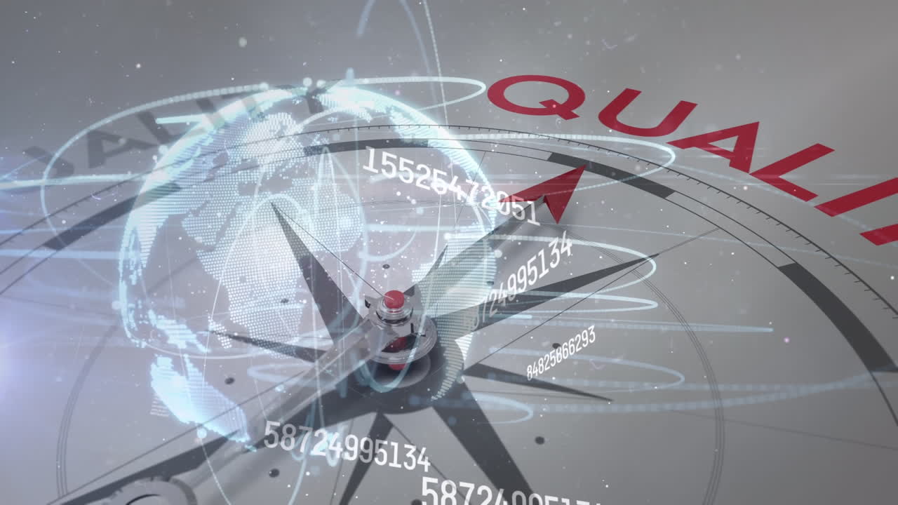 연결 및 데이터 처리와 함께 전 세계에 대한 텍스트를 가진 나침반의 애니메이션