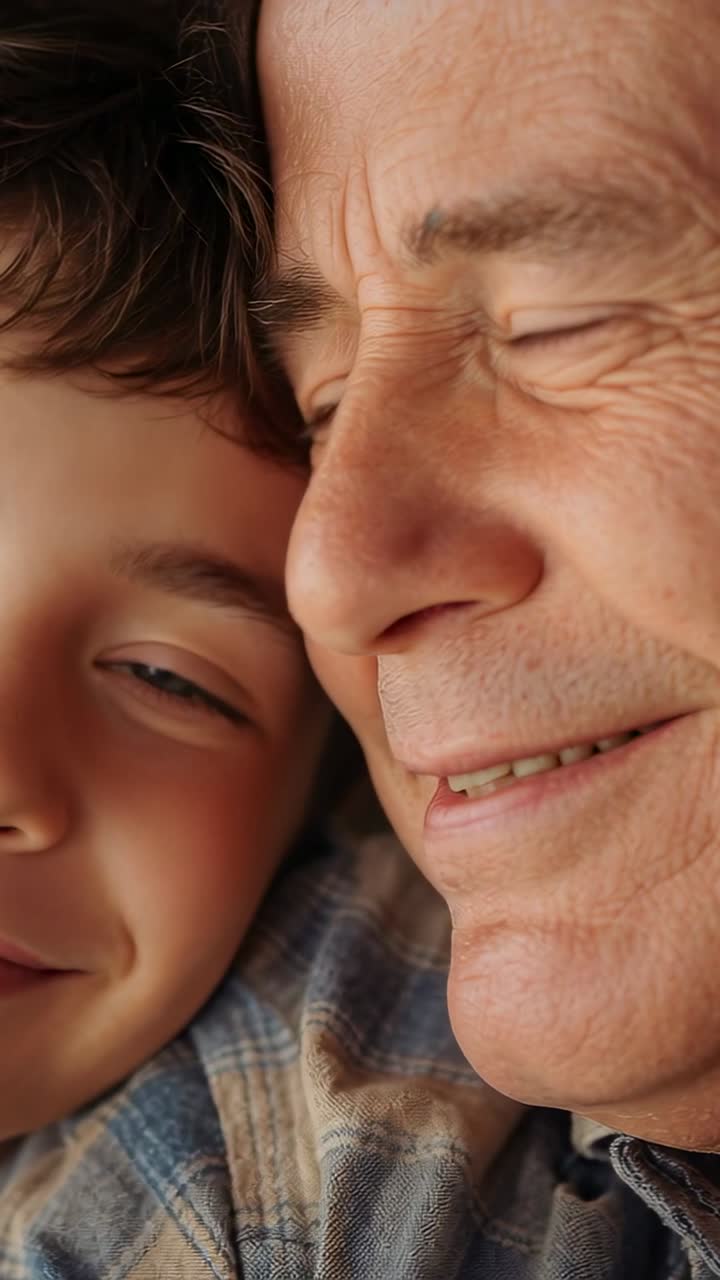 Video verticale: Nonno e nipote sorridenti guancia a guancia a casa, l'obiettivo inquadra uno scatto di famiglia con abiti scozzesi.