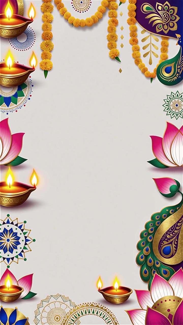 Sfondo Diwali con Diyas luminosi, Rangoli e fiori di loto