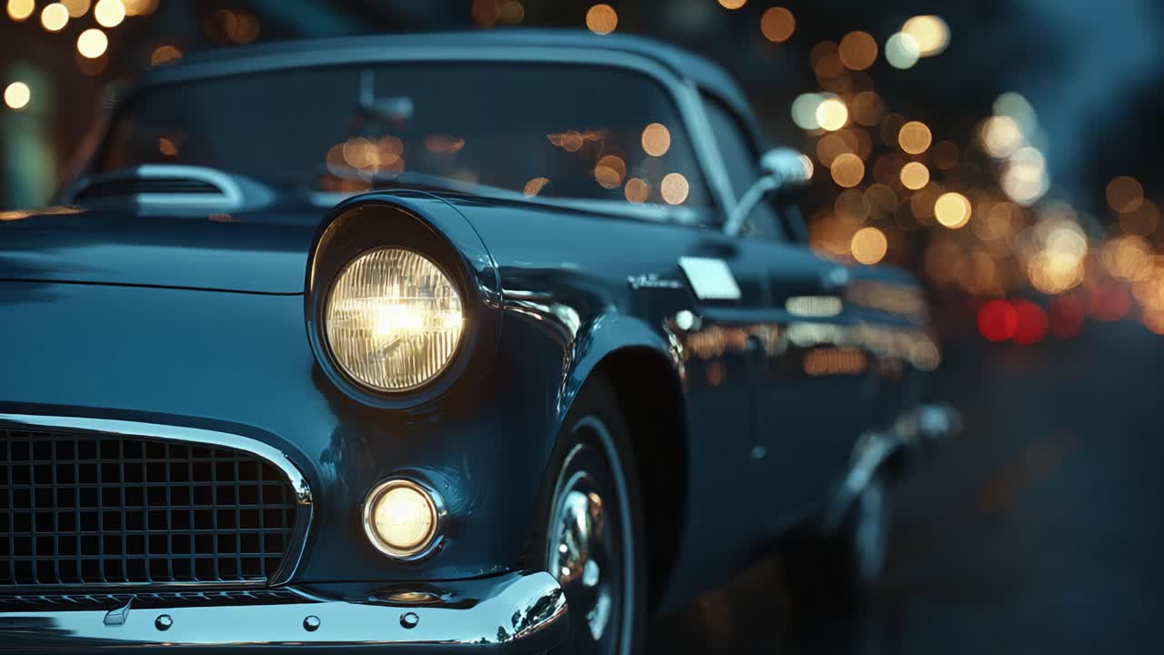 Ein atemberaubendes blaues Oldtimer-Auto, aufgenommen in einer schimmernden Straße der Stadt in der Abenddämmerung, das zeitlose Eleganz und automobilen Handwerkskunst zur Schau stellt
