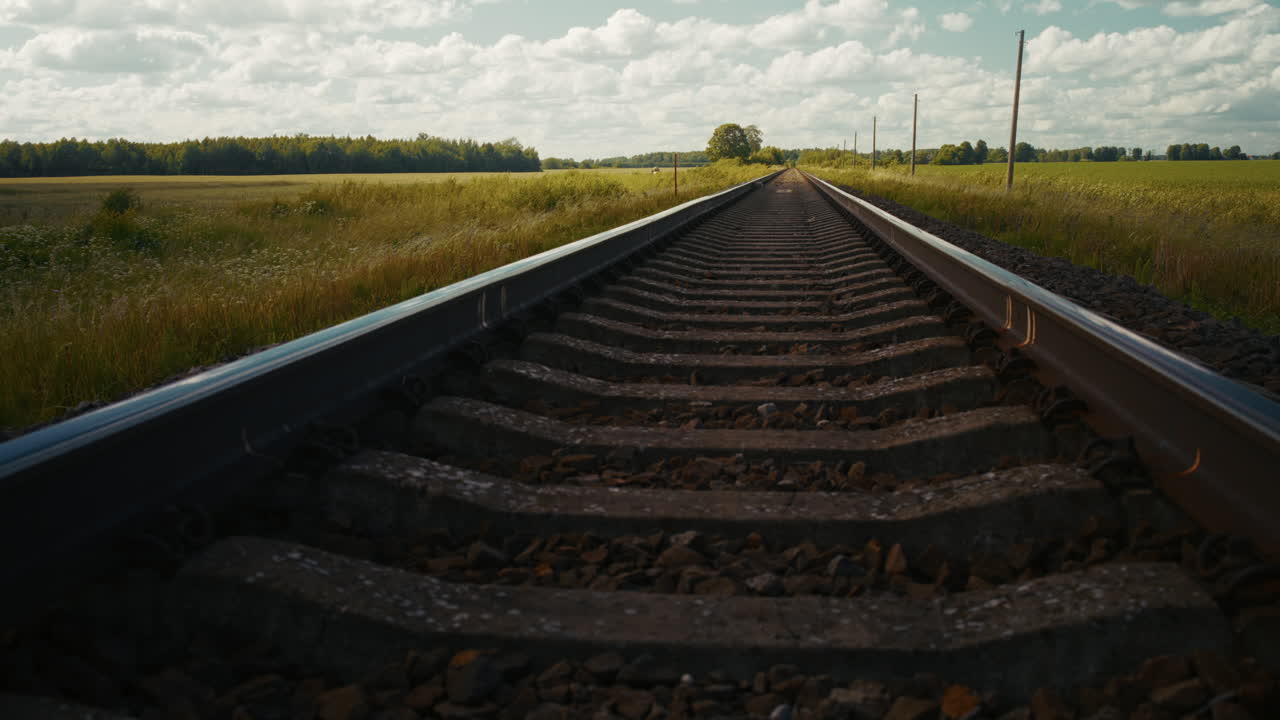 Countryside Train Tracks Under a Cloudy Sky
