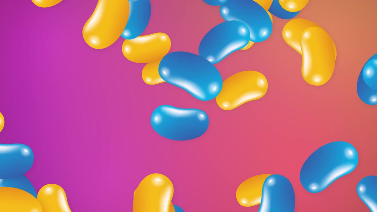 Colorful 3D jelly beans fall and bounce against a vibrant purple and pink gradient background.