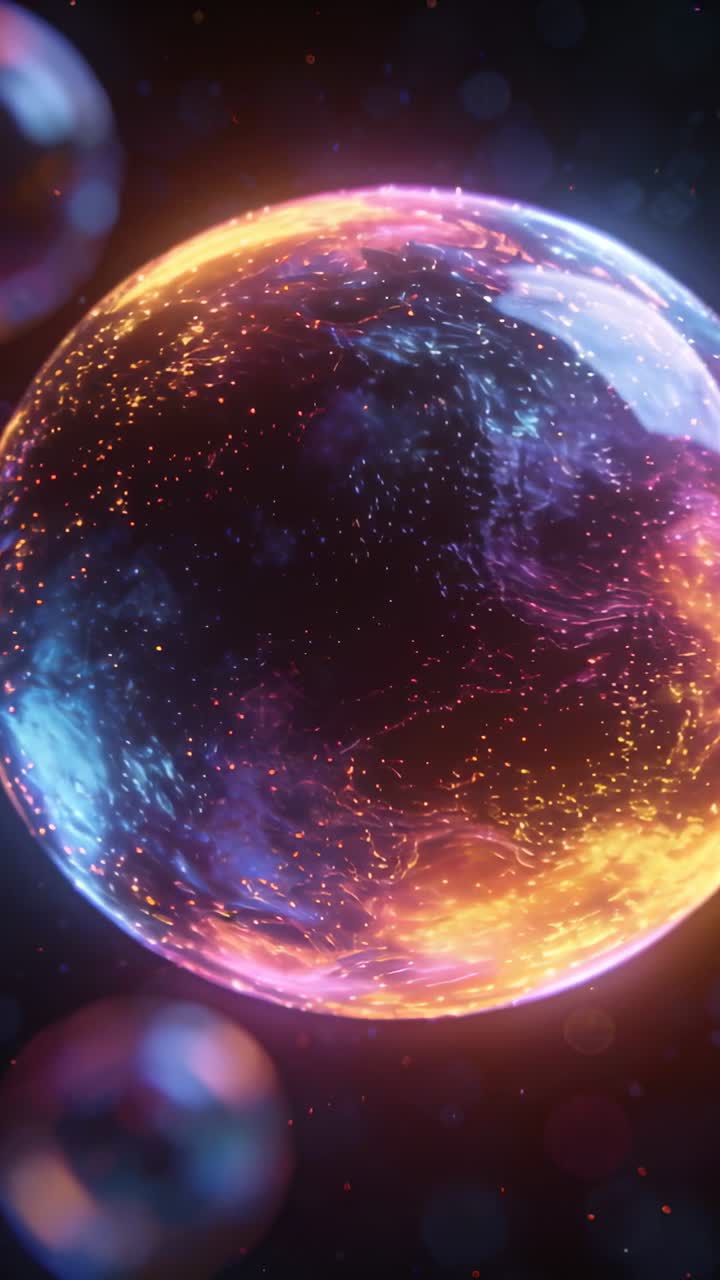 Vertical video: Starting frames lit orb rotating in dark set shifting sparks blurs to mimic nebula