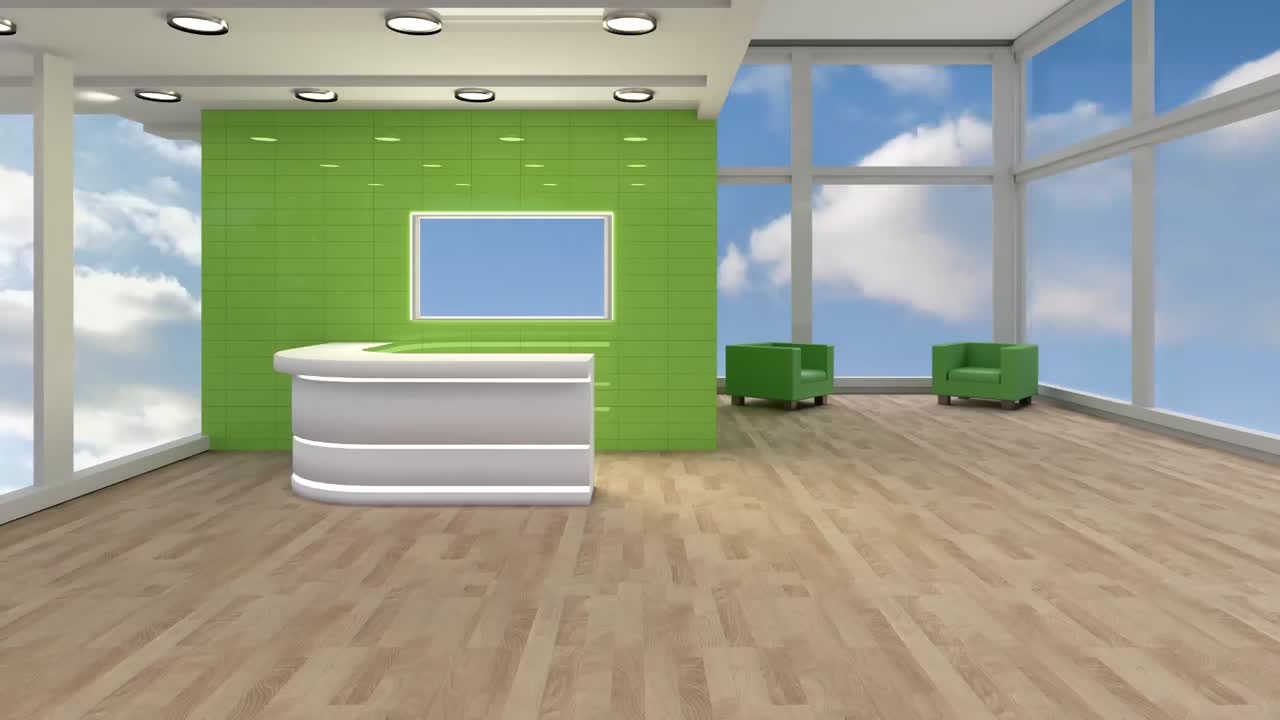 현대적인 전실과 파란 하늘과 구름을 가진 텔레비전 스크린