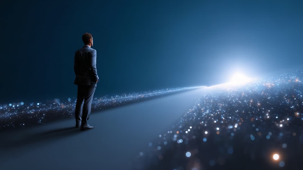 Uma figura solitária está à beira de um caminho cintilante, contemplando um horizonte brilhante e infinito, cercada por uma cascata de luzes cintilantes e beleza cósmica.
