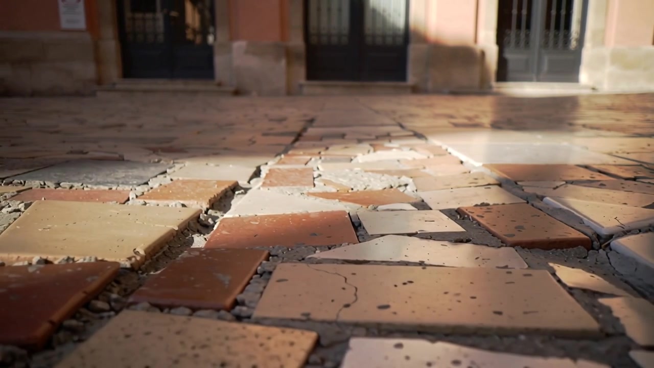 Telecamera che scorre seguendo una macchia di sole che si sposta su piastrelle a mosaico all'ingresso di un edificio, mostrando le fughe.