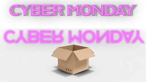 neón rosa cyber lunes venta banner de texto sobre la caja de entrega que cae contra un fondo blanco