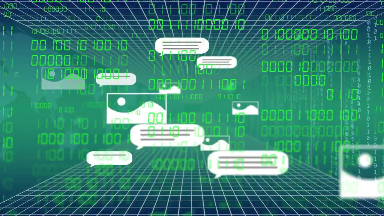 Grid converging starting chat icons and pics flowing toward view amid binary, showing message surge