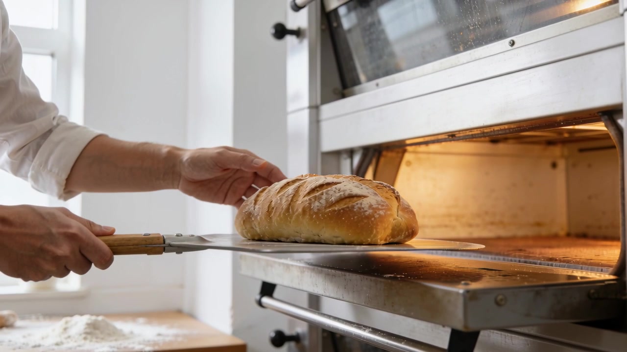 Sliding scored loaf from deck-oven, door opening, baker wearing apron moving loaf to cool with peel