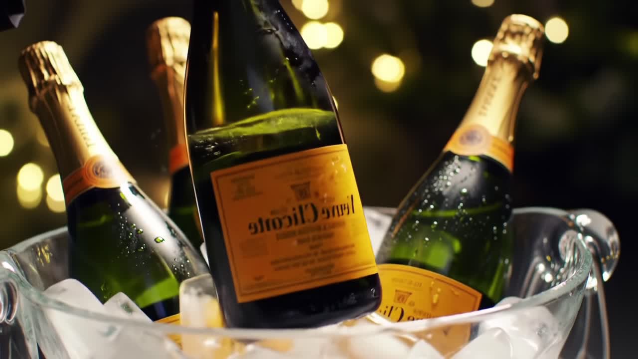 A Festive Celebration: Chilled Champagne Bottles Ready for Toasting in an Elegant Ice Bucket Surrounded by Twinkling Holiday Lights