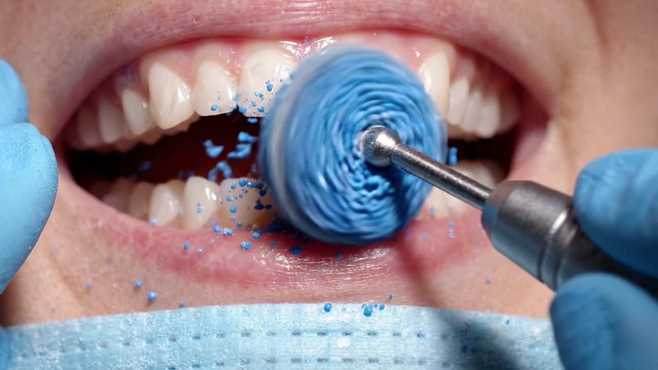 Procedimento de limpeza dental em close-up, destacando o polimento dos dentes com uma ferramenta especial e pasta profilática azul, mostrando a transformação e a limpeza do sorriso.