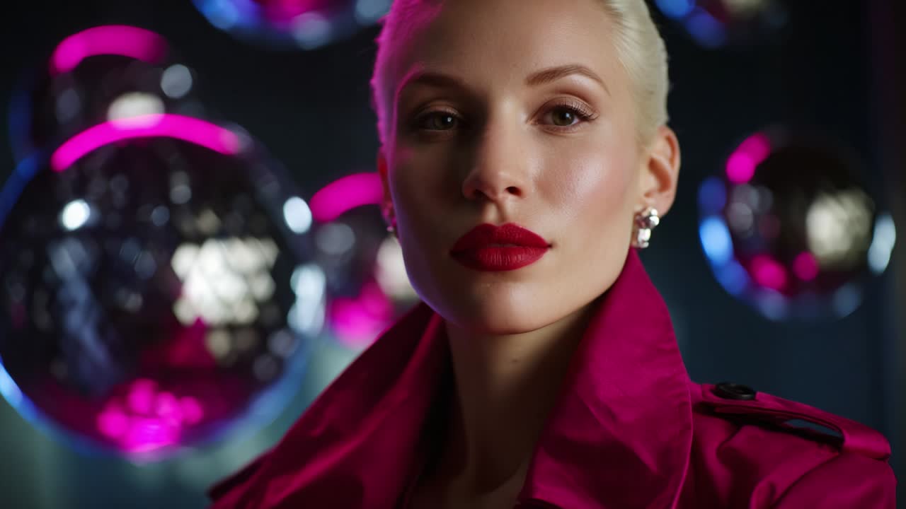 Donna affascinante con rossetto rosso e sfere da discoteca