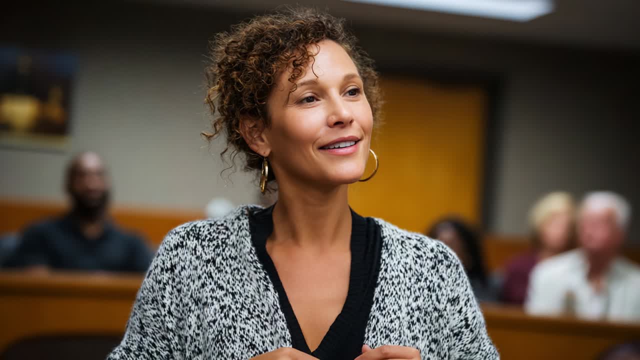 Applausi in tribunale: una donna sicura di sé celebra un momento di trionfo in un contesto legale mentre interagisce con la giuria, illustrando la tensione e la drammaticità dei procedimenti giudiziari