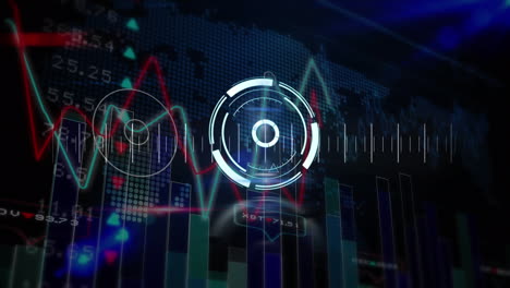 animación de escaneo de alcance y cardiógrafo sobre procesamiento de datos y mapa del mundo