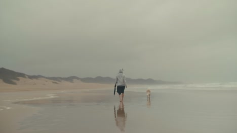 woman walking on beach with her dog on cold day