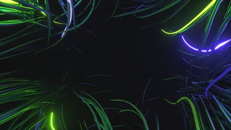 los cables se mueven en movimientos de onda en un fondo negro. destellos de luz de neón. color azul verde. animación 3d de bucle sin costuras