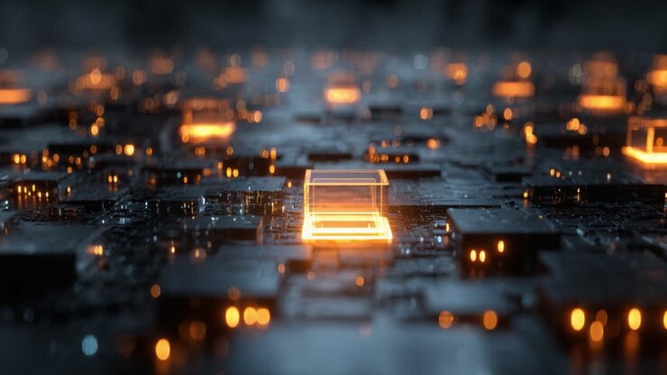 Unità centrale di elaborazione futuristica illuminata da una vivace luce arancione su un circuito stampato complesso, a simboleggiare il trasferimento di dati, l'intelligenza artificiale e l'innovazione tecnologica avanzata