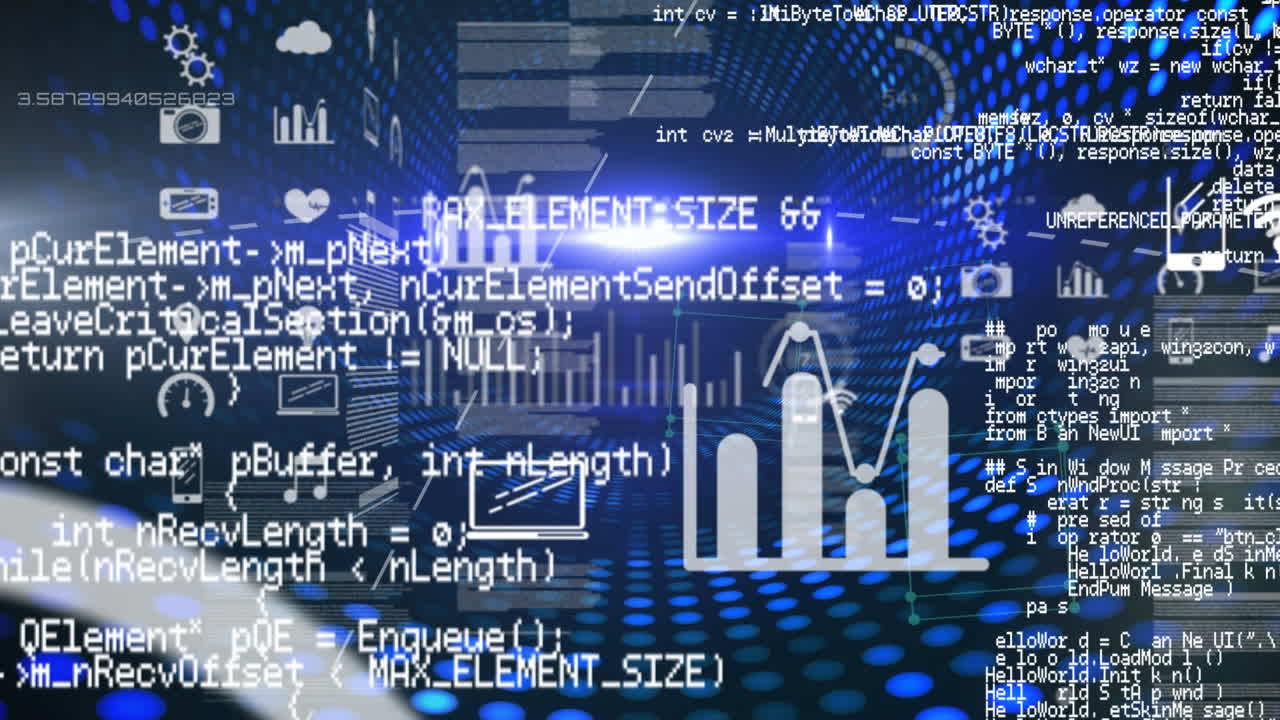 Animation of data processing and media icons over digital tunnel