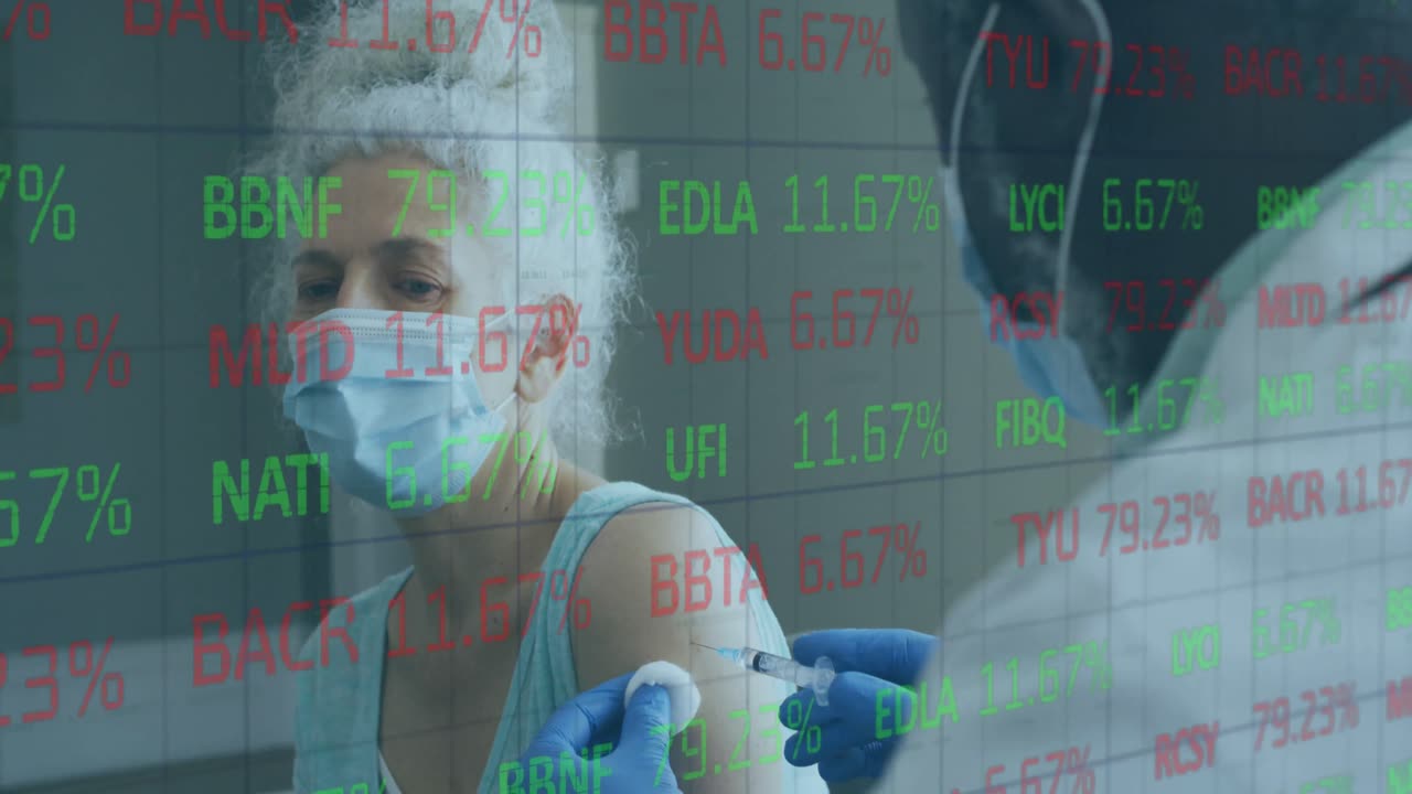 아프리카계 미국인 남성 의사 백신을 접종 시니어 여성에 대한 금융 데이터의 애니메이션