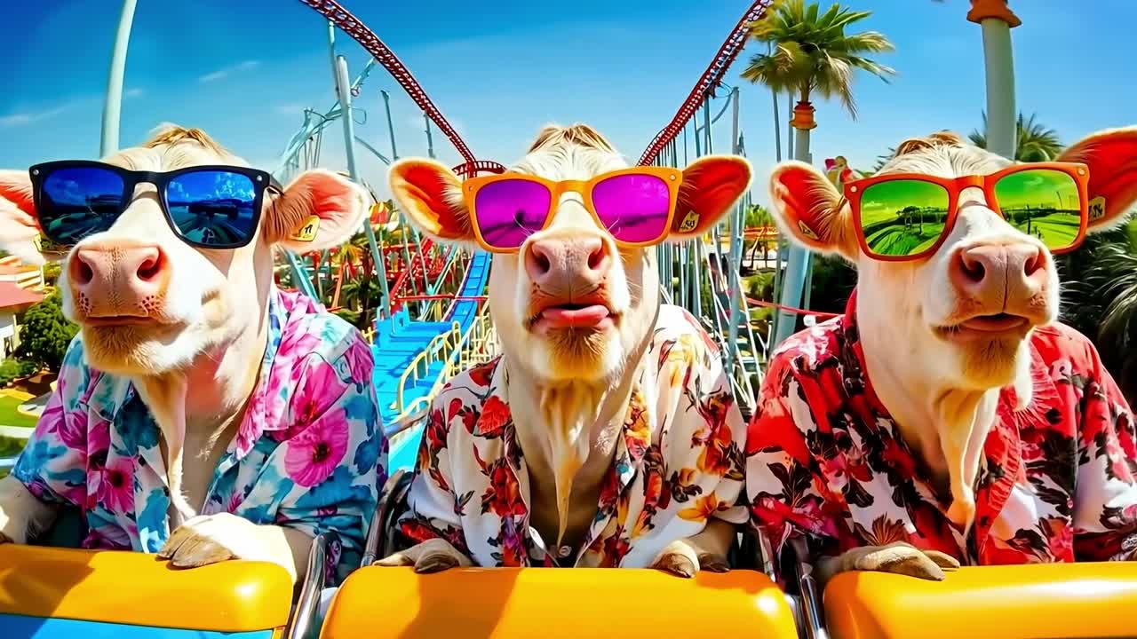 롤러코스터 타기 에서 선글라스를 착용 한 세 마리 의 소