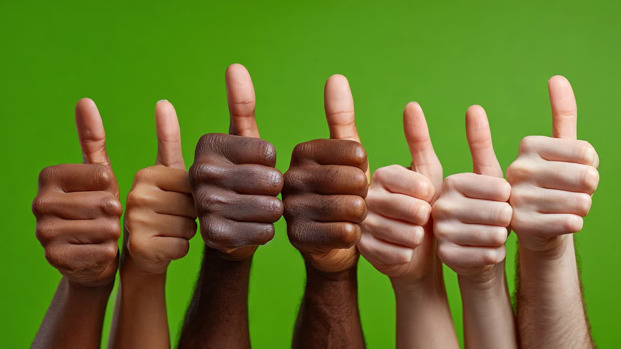 Celebración de la unidad: un grupo diverso de manos levantando el pulgar con un vibrante fondo verde, que simboliza positividad y motivación entre culturas