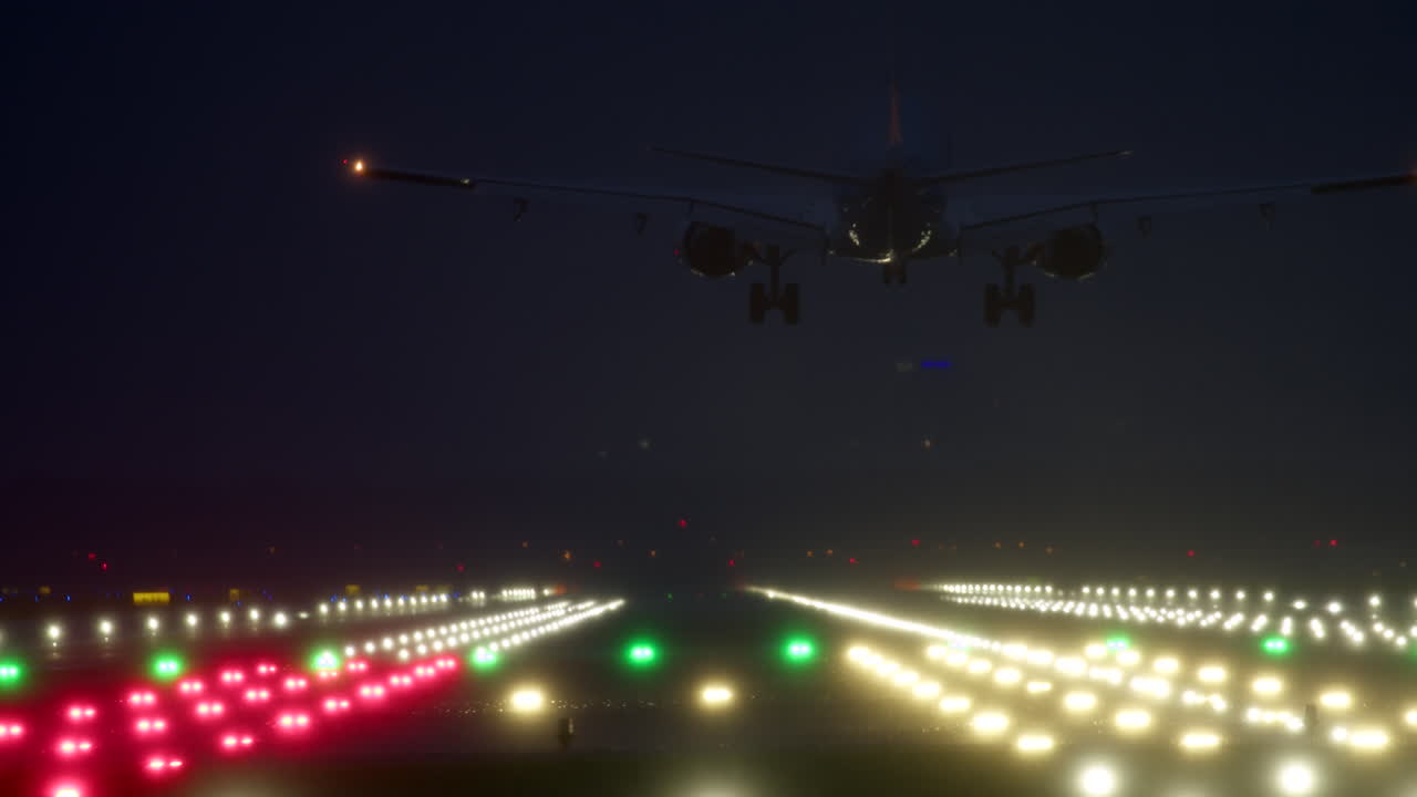 aterrizaje de avión en la niebla por la noche
