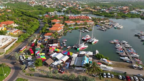 Catamarans-line-up-at-fishing-port-of-Spanish-Waters-Curacao-at-midday