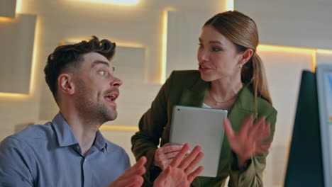 manager sharing ideas boss woman talking together in corporate office close up.