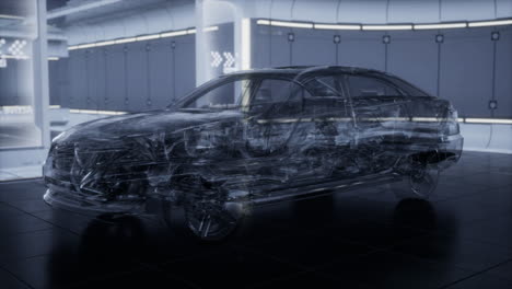 coche transparente con motor en el laboratorio