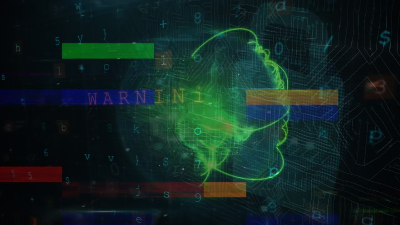 Animation of globe with network of connections with glowing spots over data processing