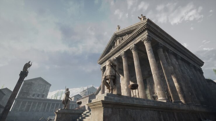 Tempio antico con colonne imponenti e statue in un contesto storico