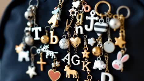 colorful collection of charms featuring letters, animals, and symbols, elegantly hanging from a stylish black bag, showcasing a playful and trendy accessory design with intricate details