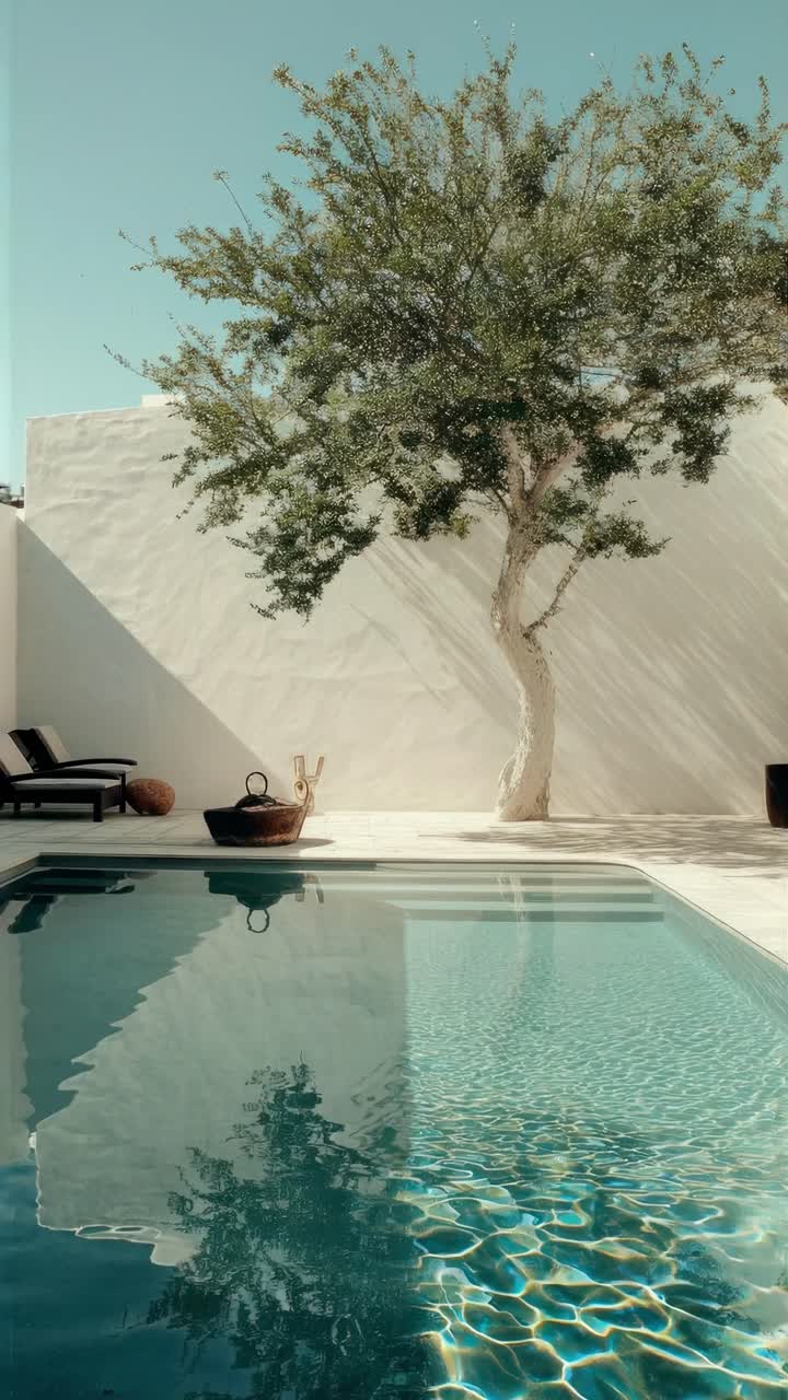 Serene poolside scene with a tree casting shadows on a white wall