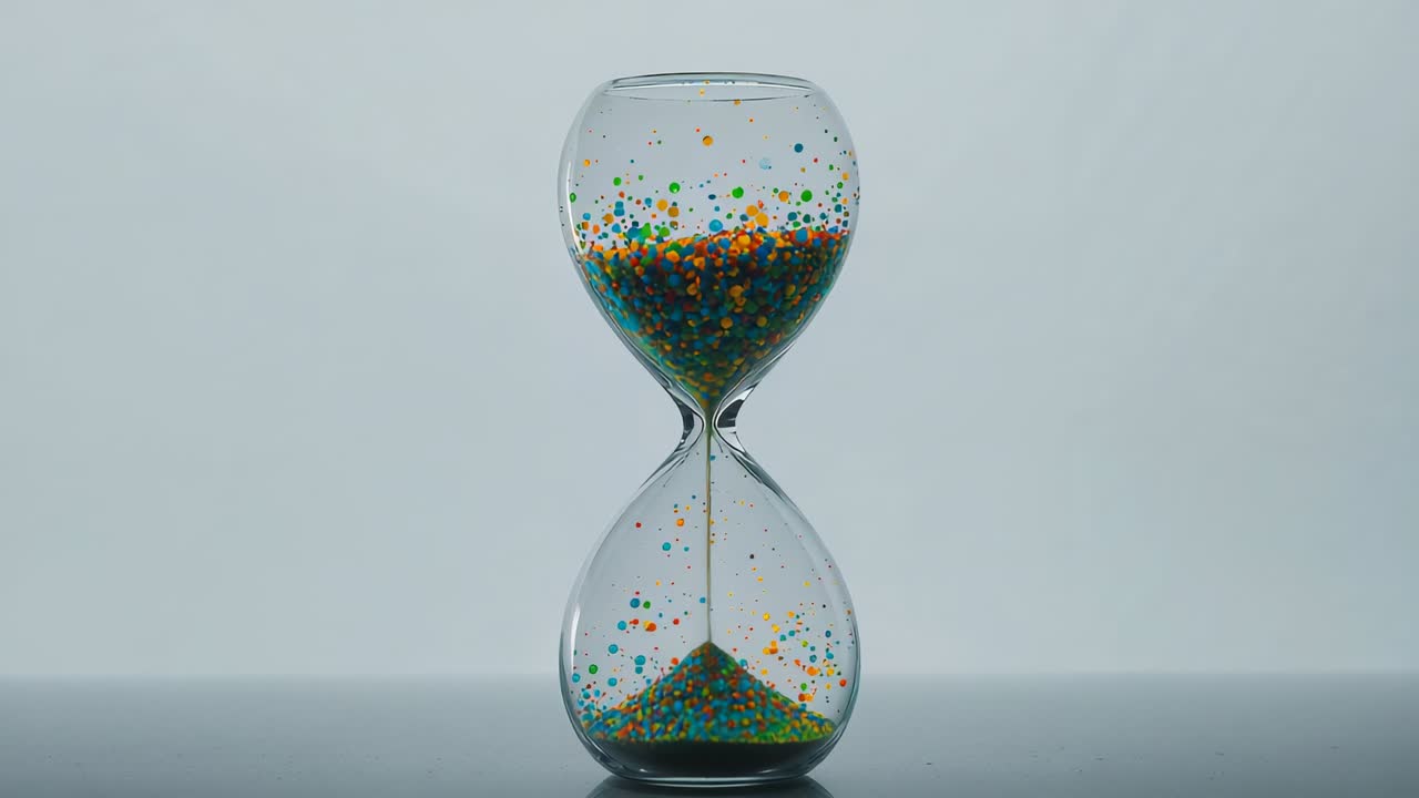 Gravity pulling beads through glass hourglass on reflective table, illustrating time passage